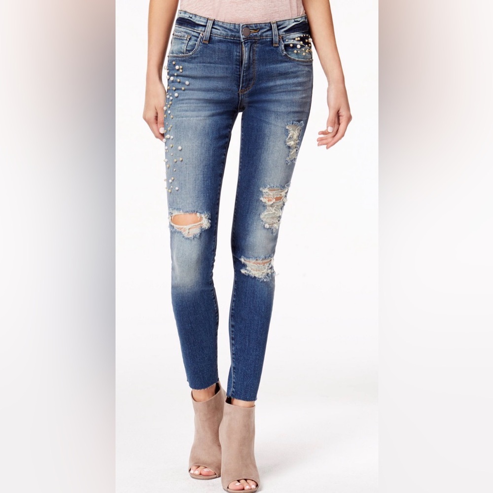 •STS BLUE•MEDIUM WASH PIPER DISTRESSED PEARL EMBELLISH ANKLE SKINNY JEAN SIZE 24